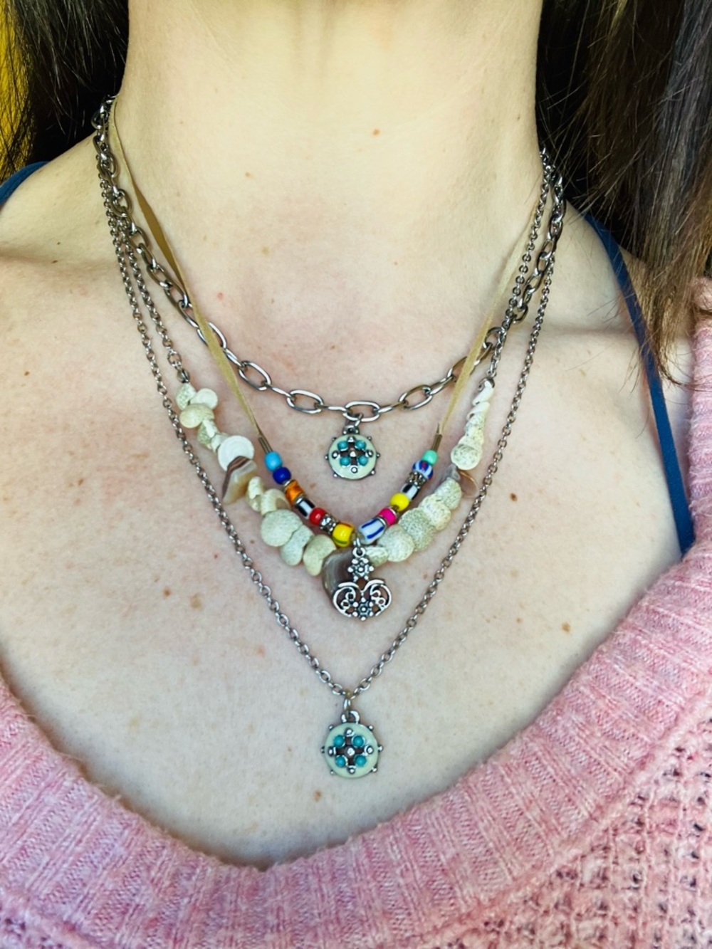 Free People Multicharm Layered Necklace with Turquoise & Shell Accents